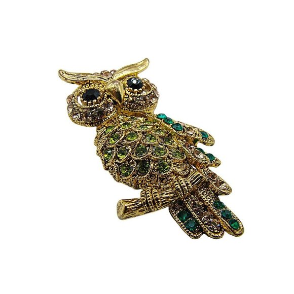 Vintage Mixed Rhinestones Emerald Peridot Owl on a Branch Brooch Gold Tone 2x1" - Picture 7 of 10